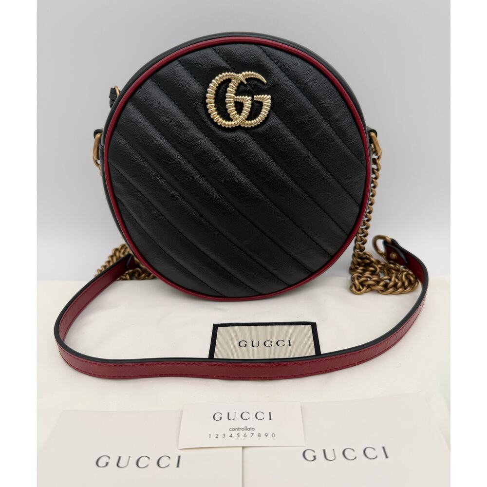 GUCCI BLACK RED LEATHER CHEVRON ROUND CIRCLE CROSSBODY BAG PURSE AUTHENTIC!